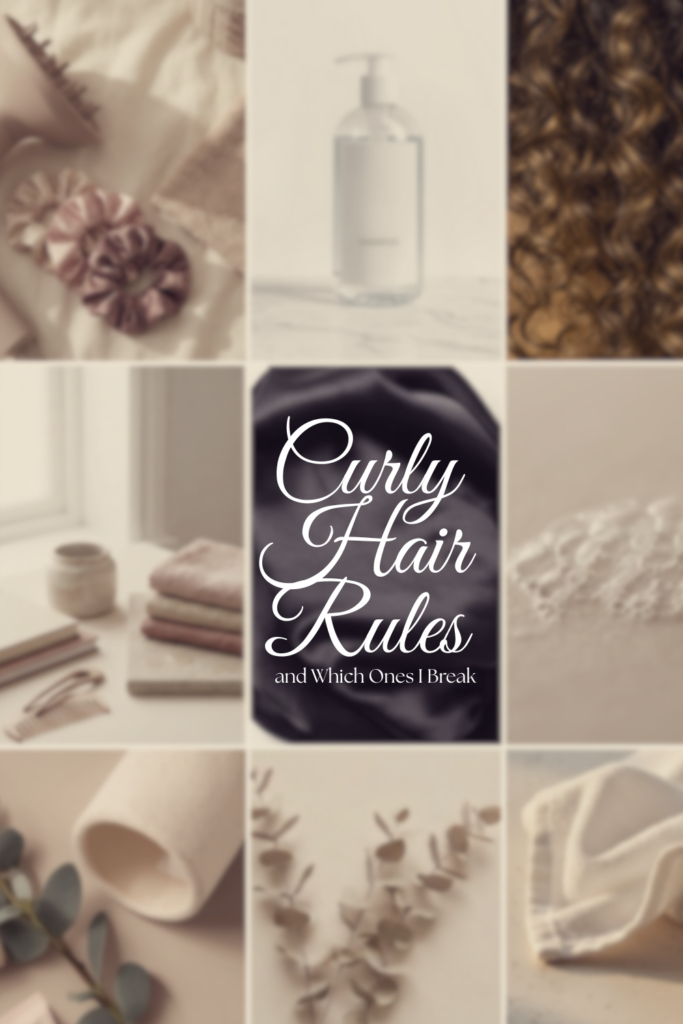 A soft neutral collage of curly hair essentials, satin fabrics, diffuser, scrunchies, and natural textures for a curly-hair rules guide